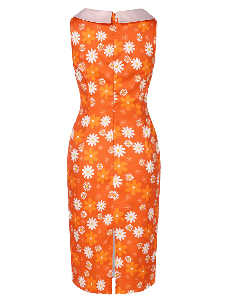 Robe sans manches à fleurs orange des années 1930 avec col noué