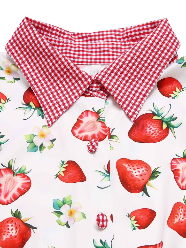 Robe chemise à carreaux fraises rose des années 40