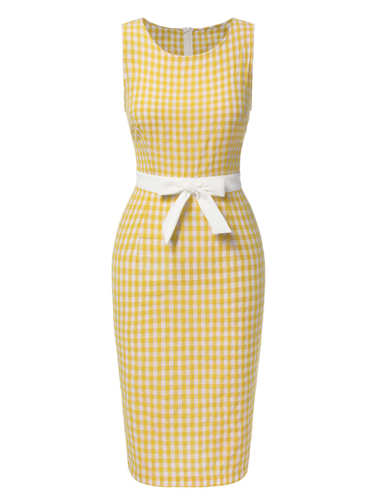 Robe sans manches à carreaux et nœud jaune des années 1960