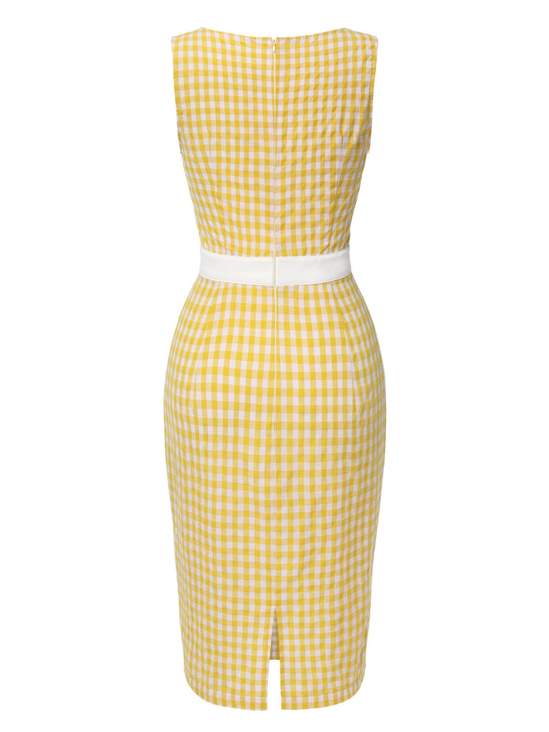 Robe sans manches à carreaux et nœud jaune des années 1960