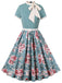 Robe verte à col noué et patchwork de roses des années 1950