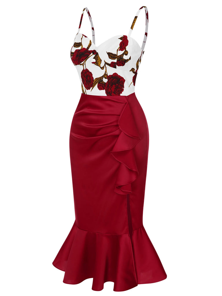 [Pré-vente] Robe sirène rouge à bretelles spaghetti et roses des années 1930