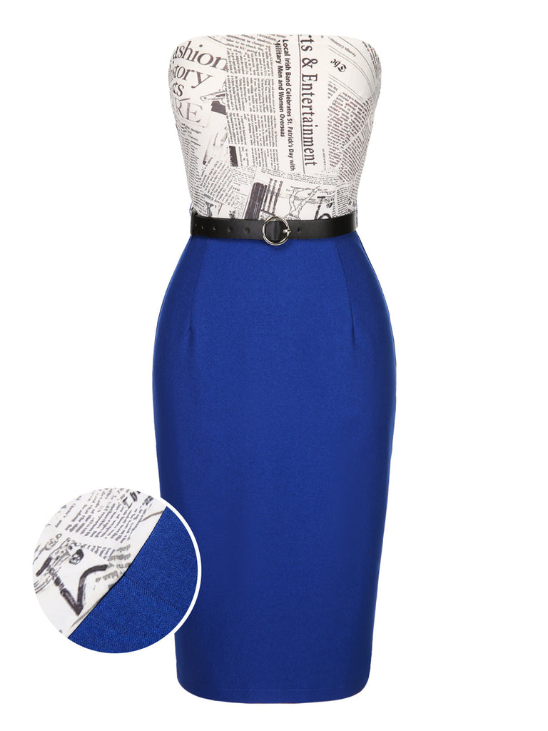 Robe crayon bandeau bleu foncé avec ceinture de journal des années 1960