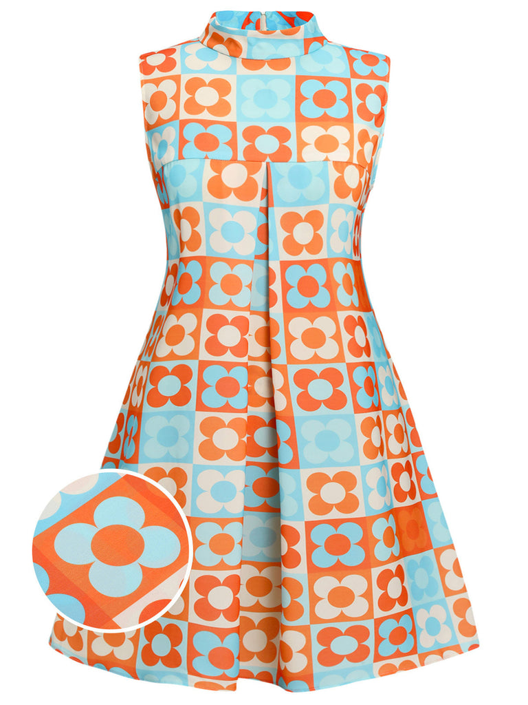 [Grande taille] Robe à col montant fleurie orange et bleue des années 1960