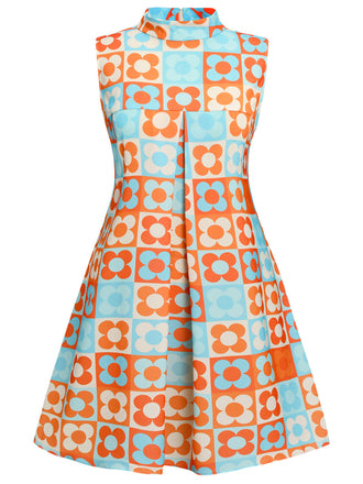 [Grande taille] Robe à col montant fleurie orange et bleue des années 1960