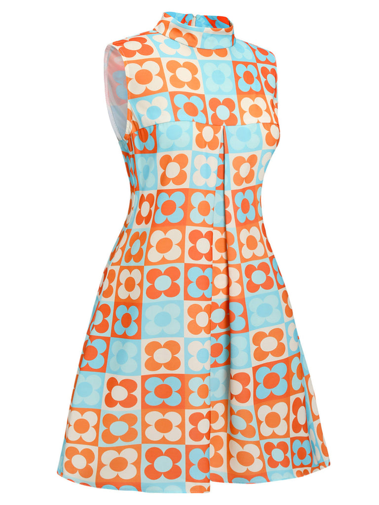 [Grande taille] Robe à col montant fleurie orange et bleue des années 1960