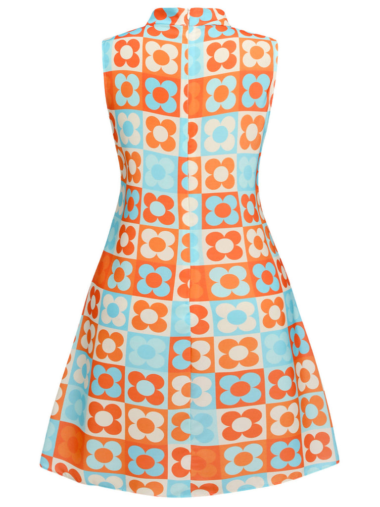 [Grande taille] Robe à col montant fleurie orange et bleue des années 1960