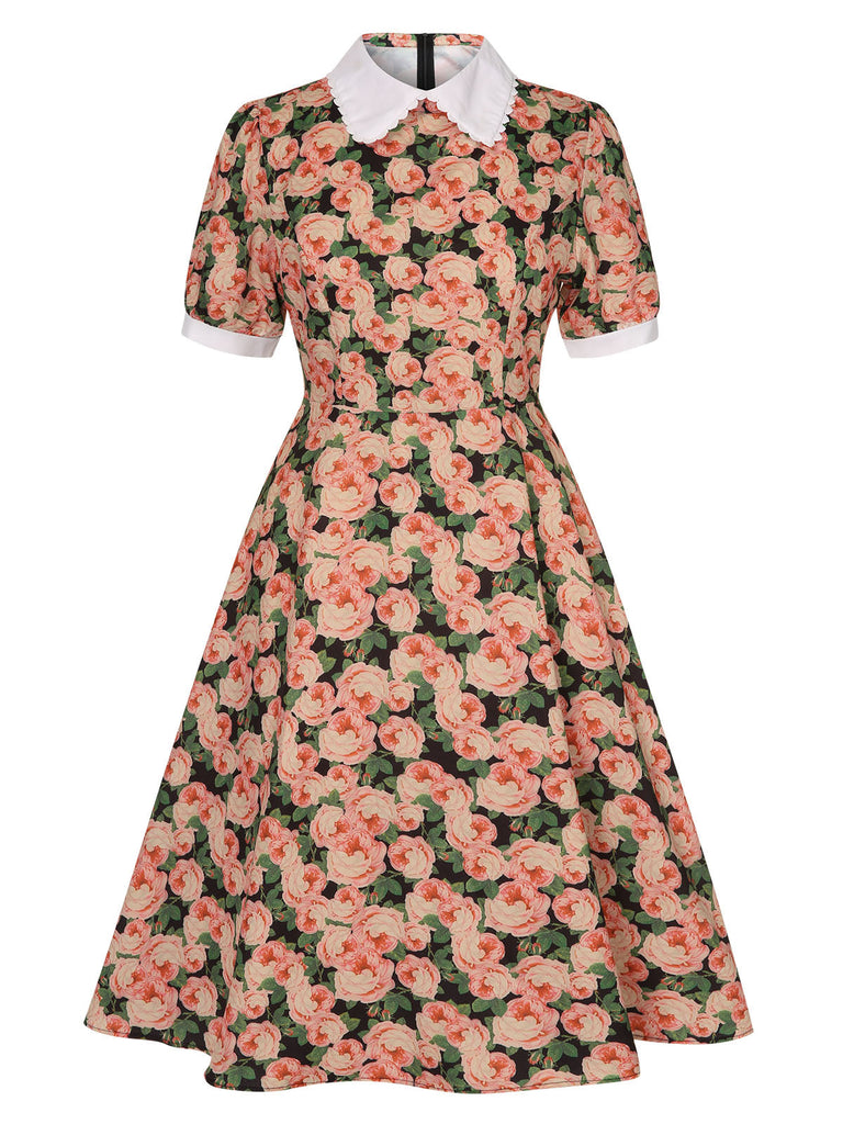 Robe trapèze bouffante à revers roses des années 1950