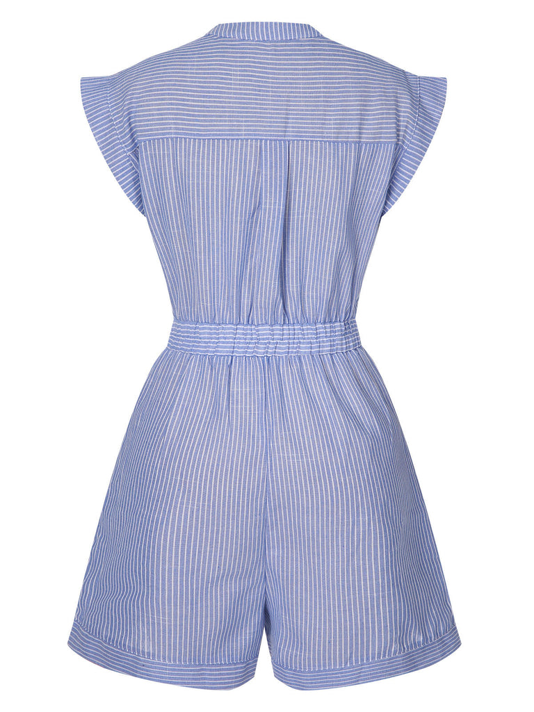 Combishort rayée bleue avec poches et ceinture des années 1950