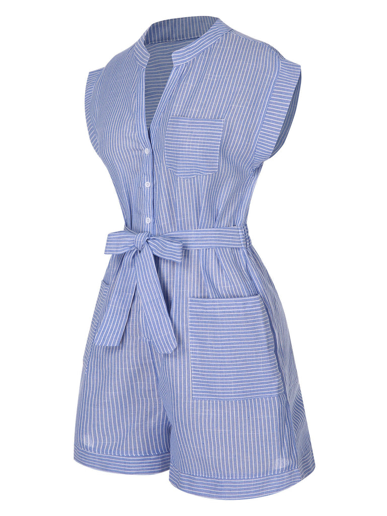 Combishort rayée bleue avec poches et ceinture des années 1950