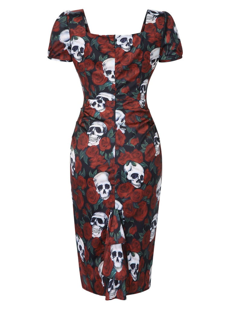 Robe crayon rouge col carré avec tête de mort roses des années 1960