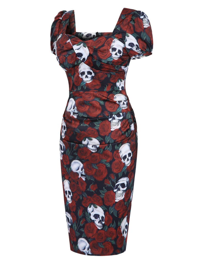 Robe crayon rouge col carré avec tête de mort roses des années 1960