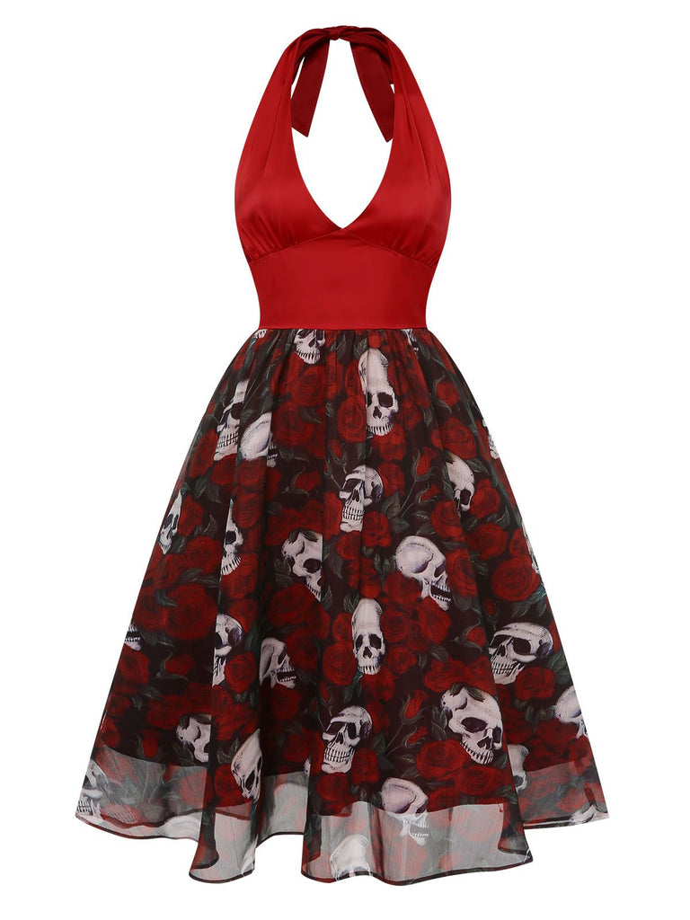 Robe en maille squelette Halloween Roses rouge vin années 1950