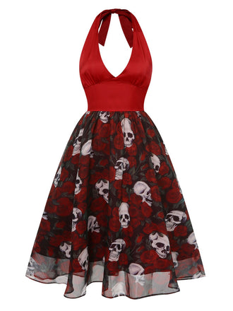 Robe en maille squelette Halloween Roses rouge vin années 1950