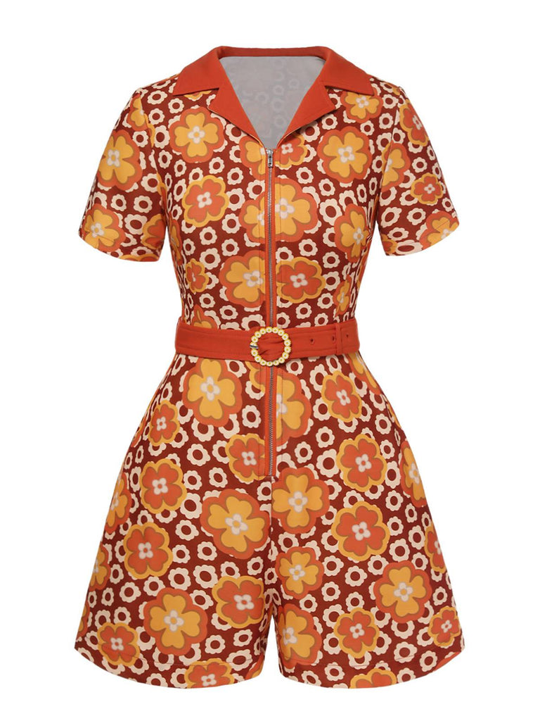 Combishort à revers fleurie orange des années 1960