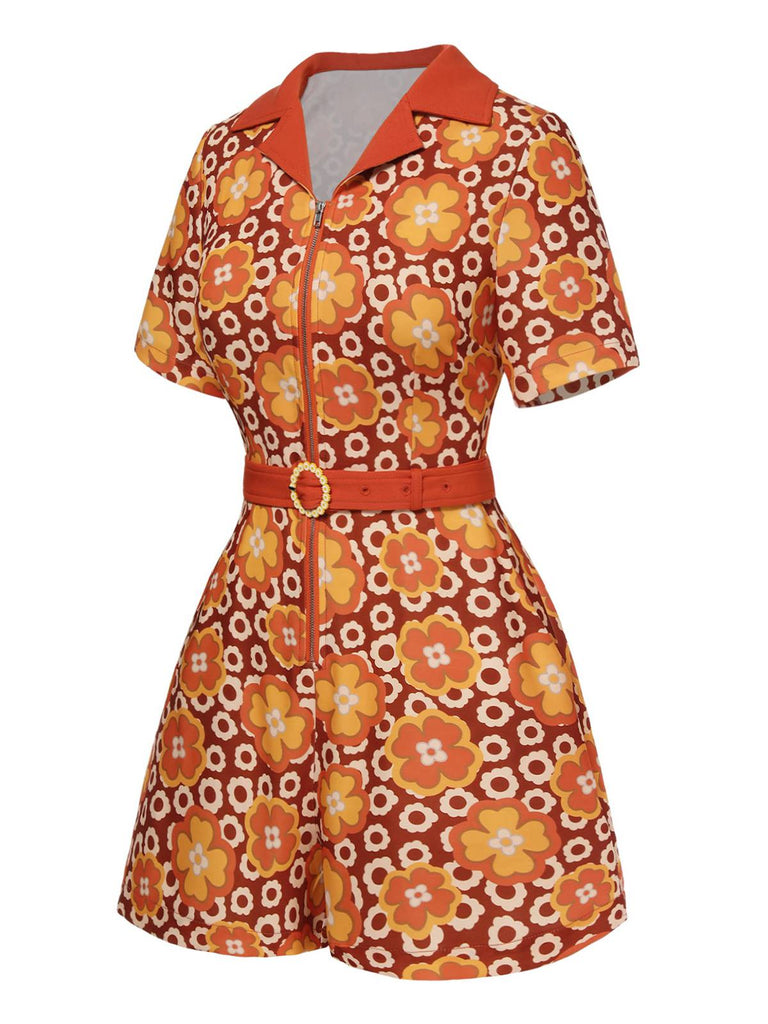 Combishort à revers fleurie orange des années 1960