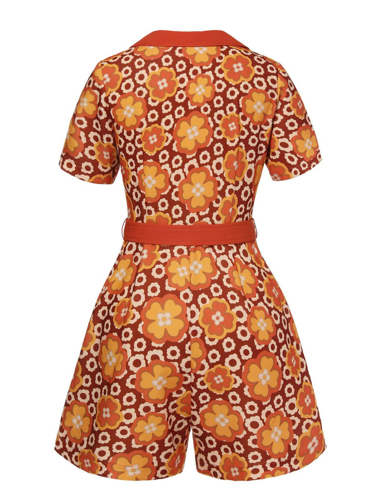 Combishort à revers fleurie orange des années 1960