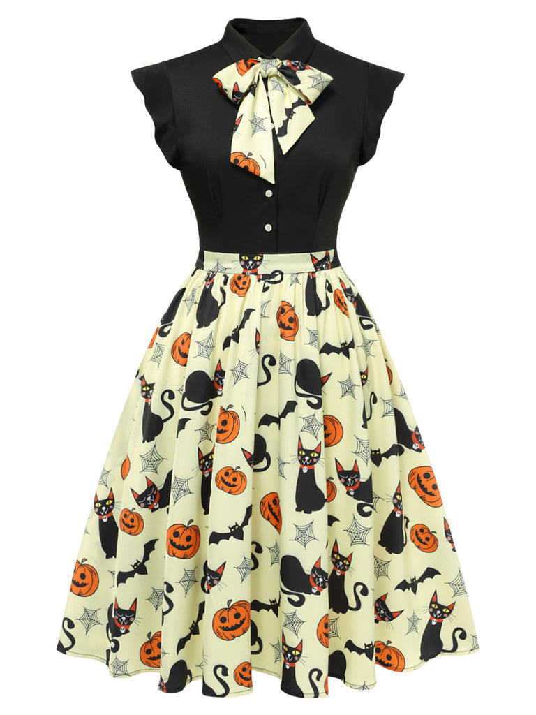 [Pré-vente] Robe jaune à revers avec nœud pour Halloween des années 1950