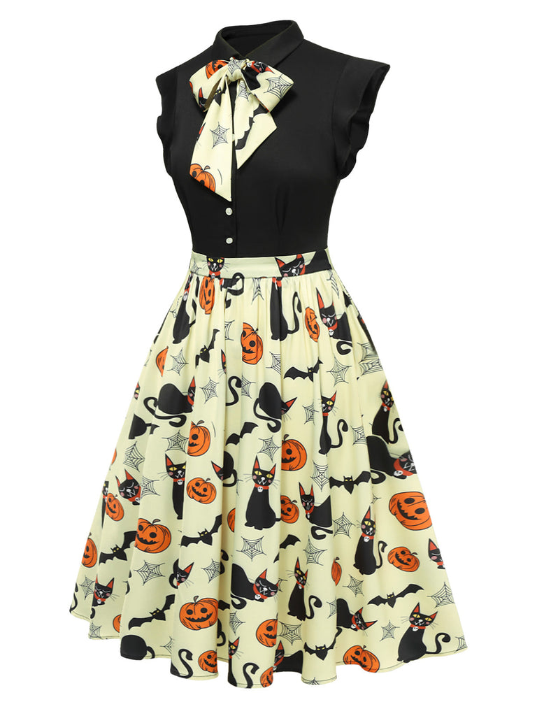 [Pré-vente] Robe jaune à revers avec nœud pour Halloween des années 1950