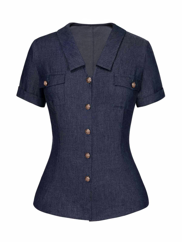 Chemise bleu uni à revers boutonné des années 40