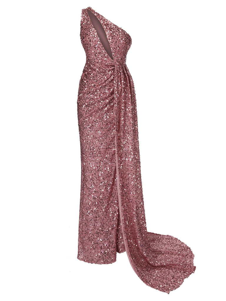 Robe longue de soirée à paillettes violette à une épaule des années 1920