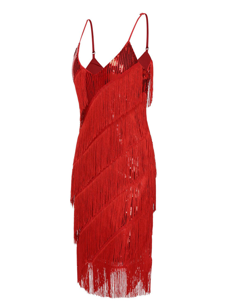 Robe Chareslton rouge à bretelles spaghetti et franges à sequins des années 1920