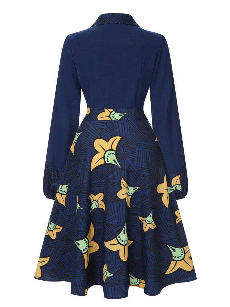 Robe fleurie bleu foncé à revers des années 1940