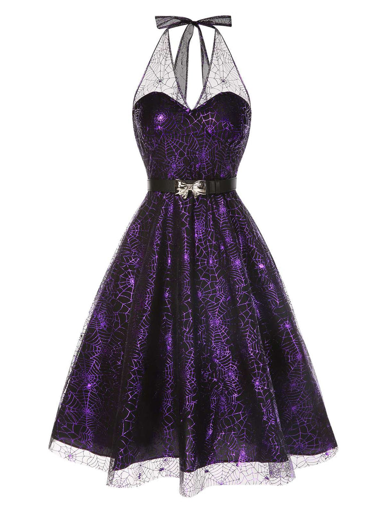 Robe licou en maille laser violette des années 1950