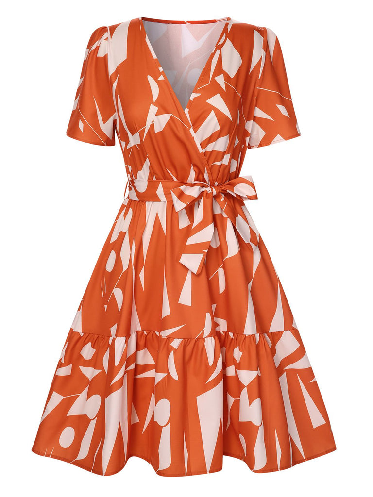 Robe à col en V à volants géométriques orange rouge des années 1940