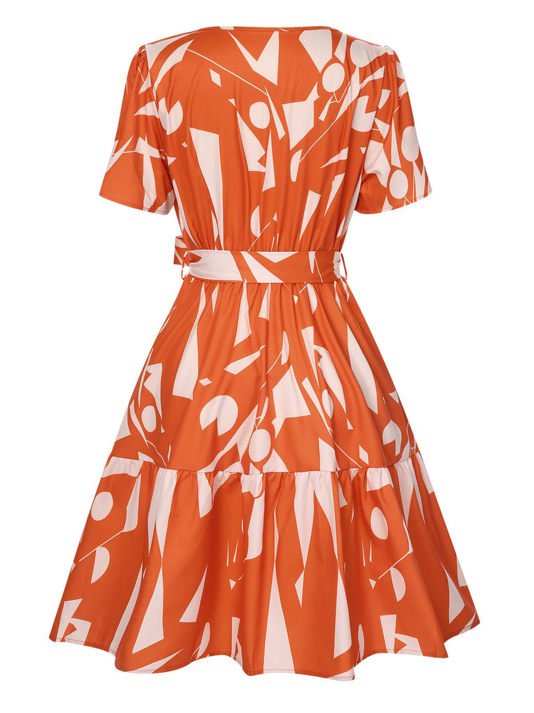 Robe à col en V à volants géométriques orange rouge des années 1940