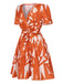 Robe à col en V à volants géométriques orange rouge des années 1940