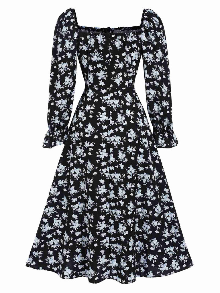 Robe fleurie à col carré fendue avec cordon de serrage des années 1940