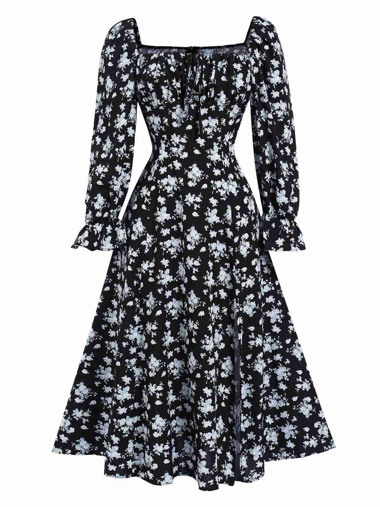 Robe fleurie à col carré fendue avec cordon de serrage des années 1940