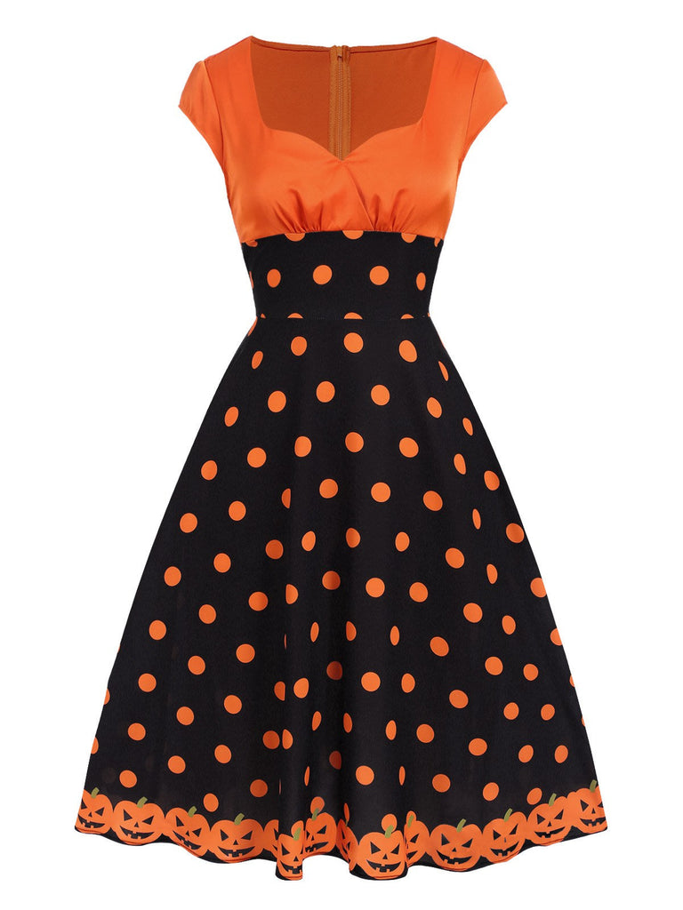 Robe orange à col en cœur avec visage de citrouille des années 1950