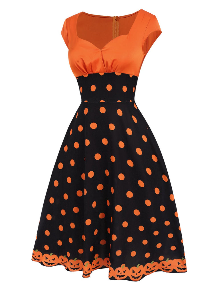 Robe orange à col en cœur avec visage de citrouille des années 1950
