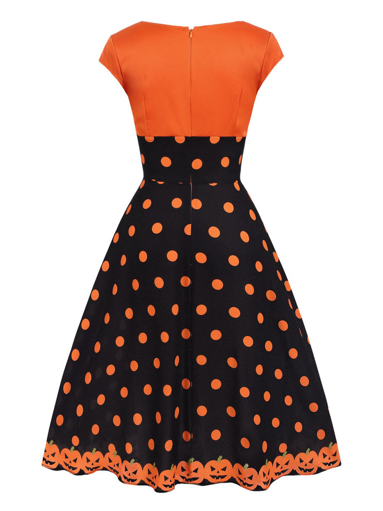 Robe orange à col en cœur avec visage de citrouille des années 1950
