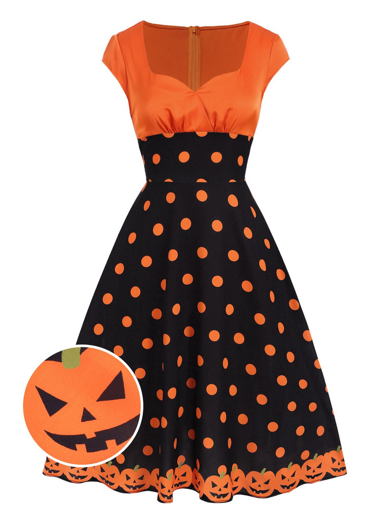 Robe orange à col en cœur avec visage de citrouille des années 1950