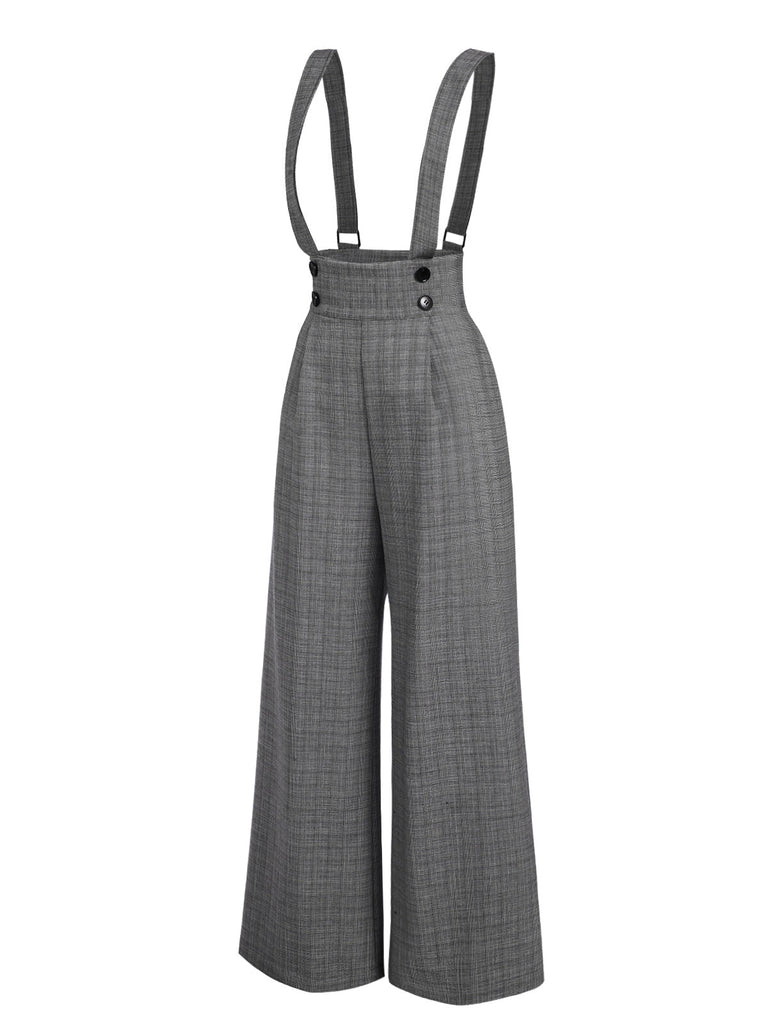 Pantalon salopette boutonné à carreaux Glen gris des années 40