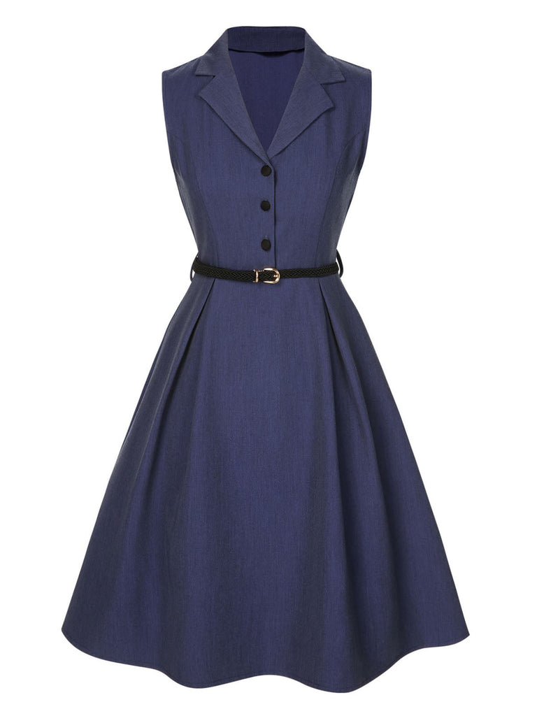[Pré-vente] Robe à ceinture à revers jean bleu uni des années 40