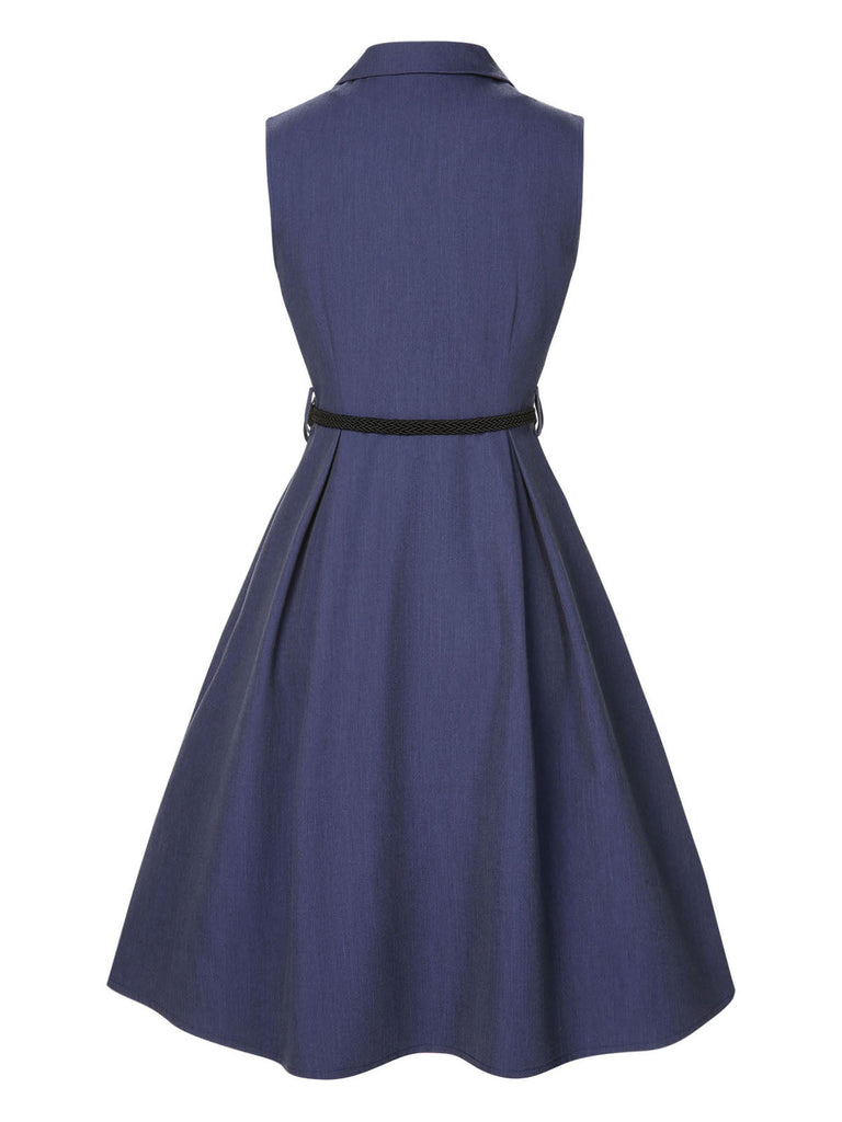 [Pré-vente] Robe à ceinture à revers jean bleu uni des années 40