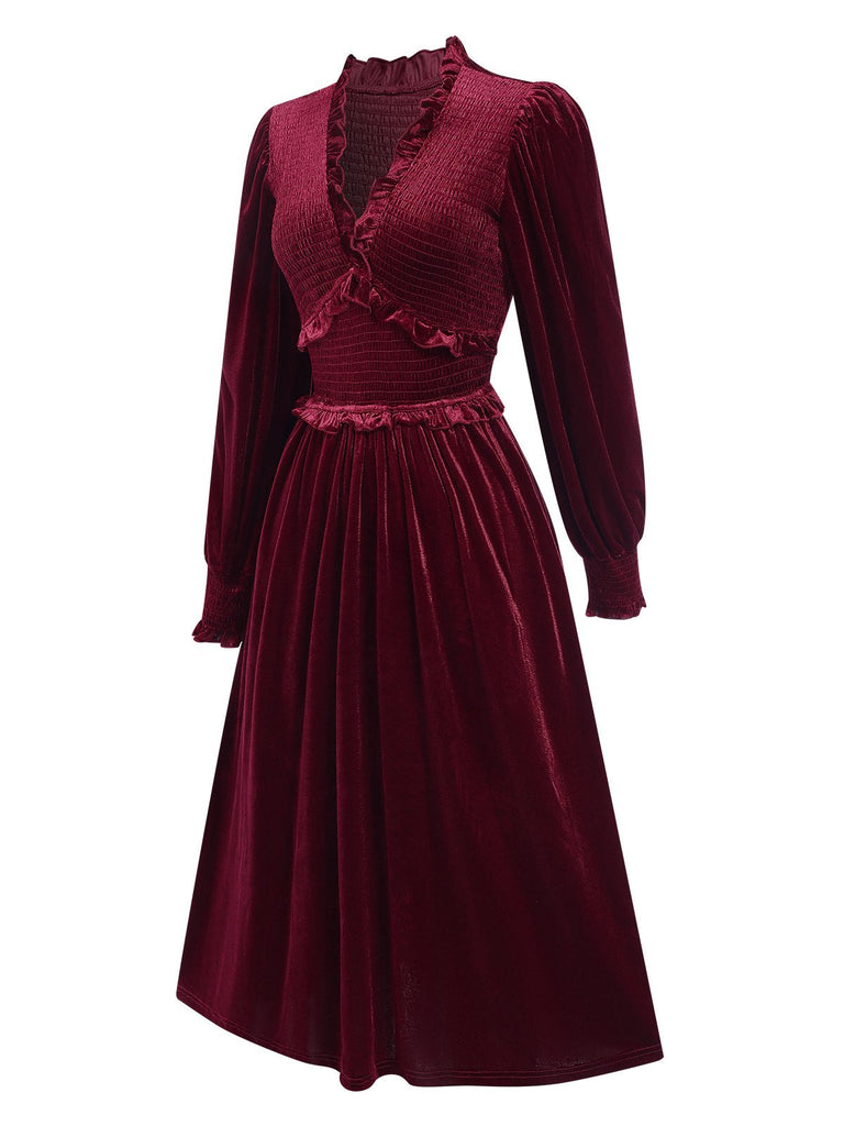 Robe froncée en velours à manches longues rouge vin des années 40