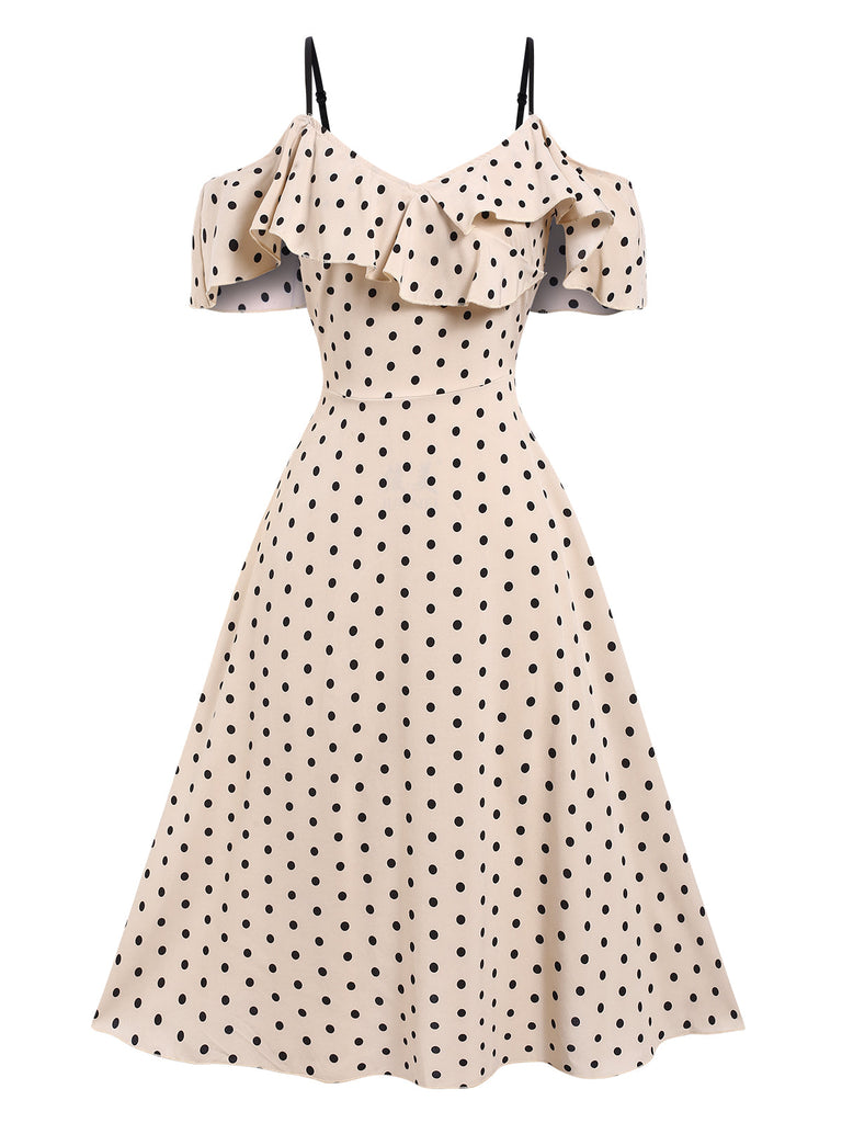 Robe beige à pois et bretelles spaghetti des années 1940