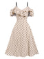 Robe beige à pois et bretelles spaghetti des années 1940