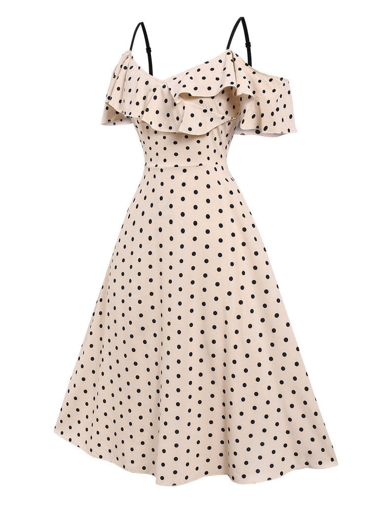 Robe beige à pois et bretelles spaghetti des années 1940