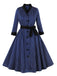 Robe ceinturée en patchwork rayé bleu foncé des années 1950