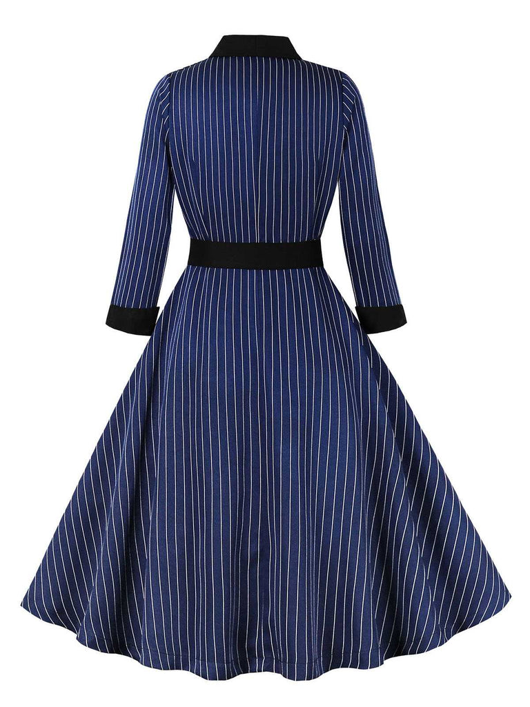 Robe ceinturée en patchwork rayé bleu foncé des années 1950