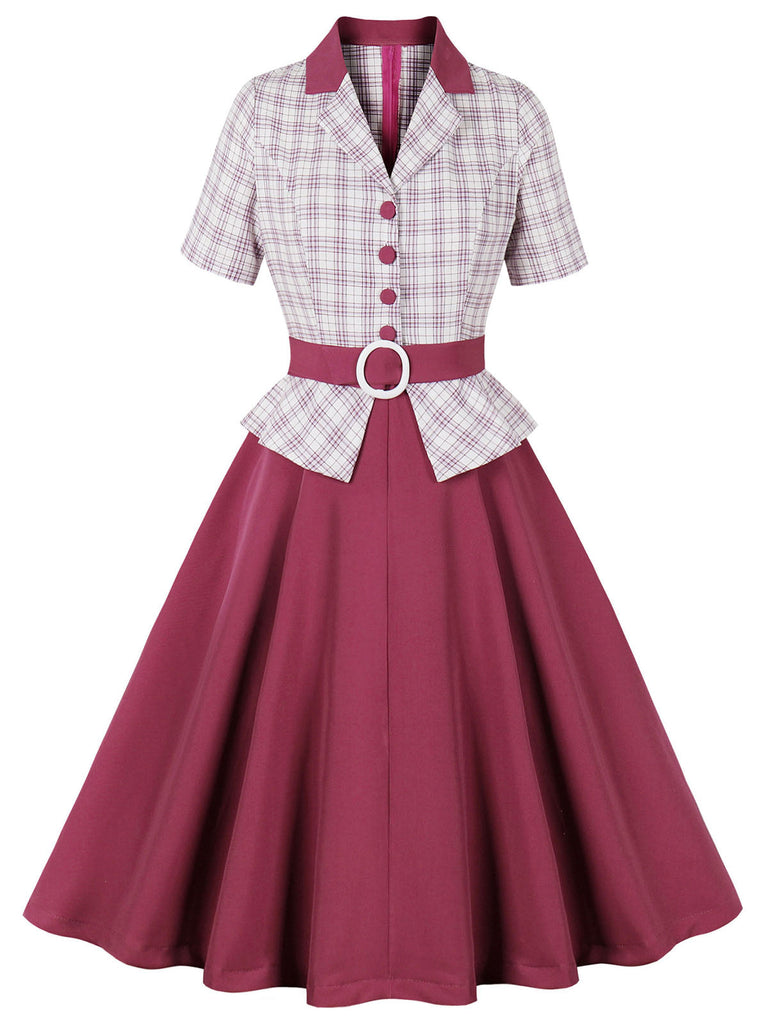 Robe ceinturée à carreaux Glen rose foncé des années 1950