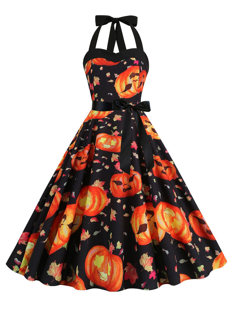 Robe dos nu à motif de citrouille pour Halloween des années 1950