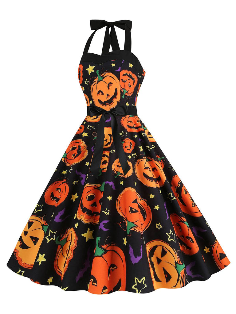 Robe dos nu à motif de citrouille pour Halloween des années 1950