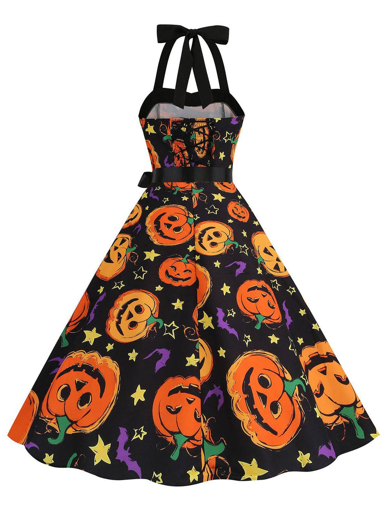 Robe dos nu à motif de citrouille pour Halloween des années 1950